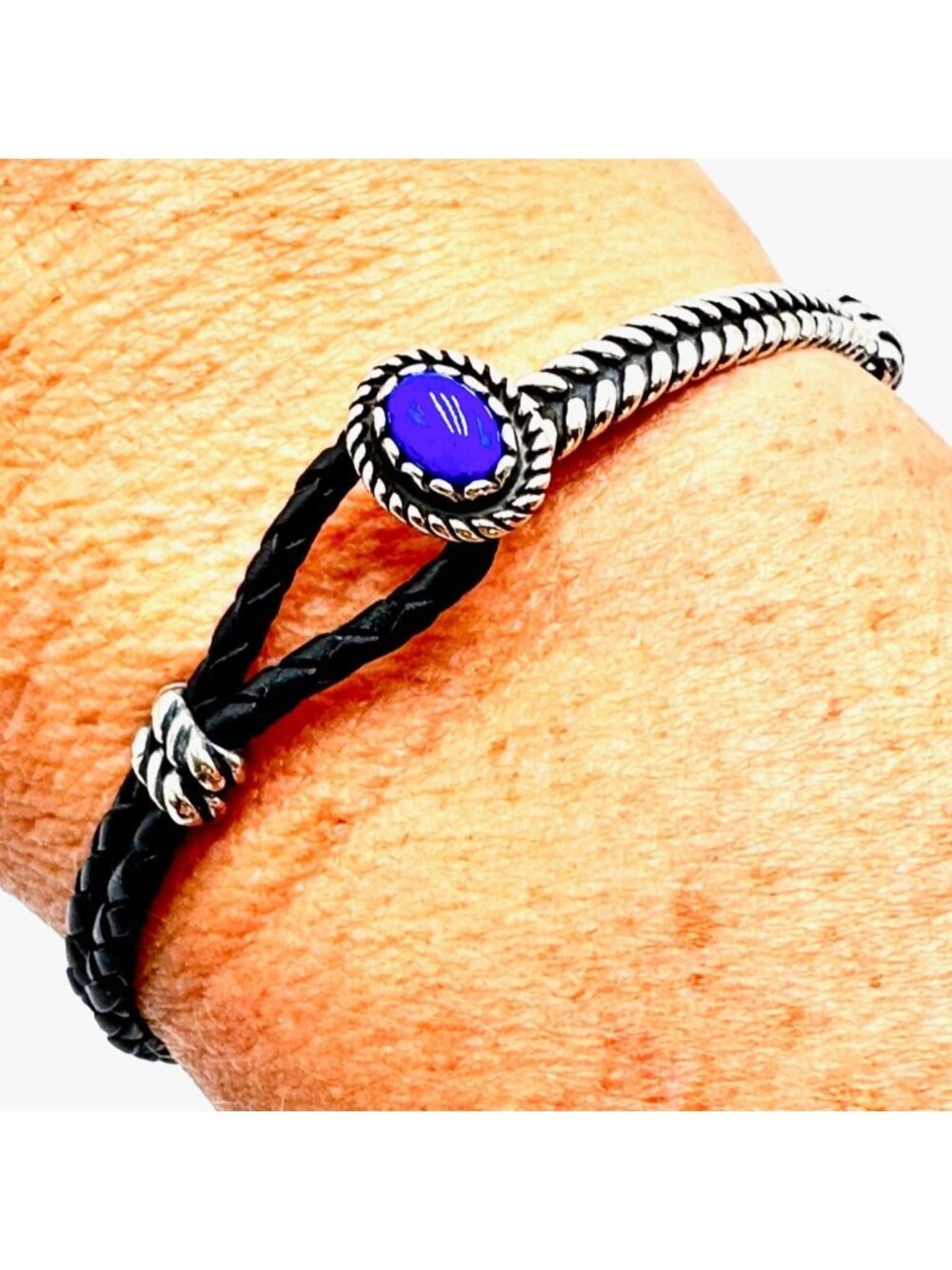 Carolyn Pollack Bracelet Sterling Silver Black Leather Blue Gemstone 7"